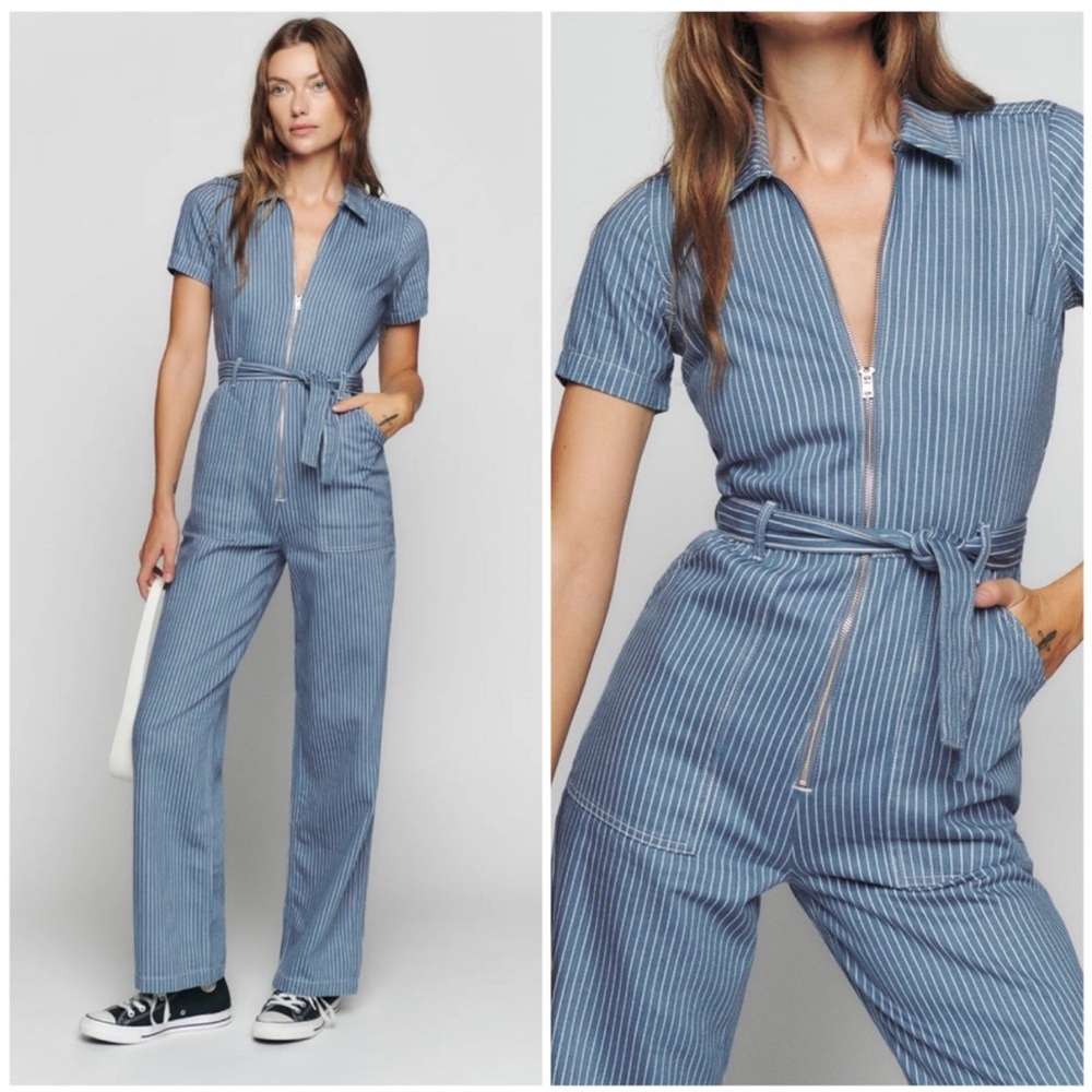 Reformation Jeans Jumpsuit Cassidy Wide Leg Belted in Blue White Striped